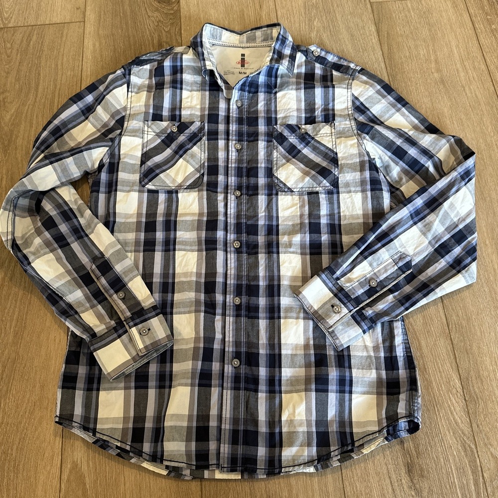 I Jeans By Buffalo Button Down‎ Shirt Mens Medium Blue Plaid Long Sleeve